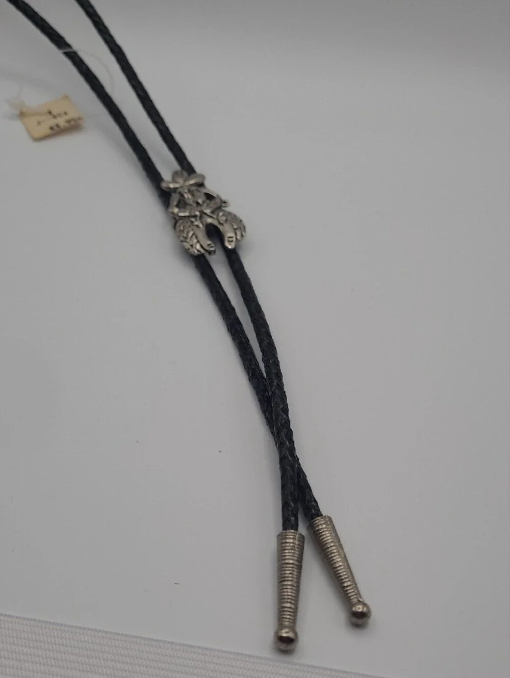 Western Black Leather Bolo Tie with Silver-Tone Floral Slide